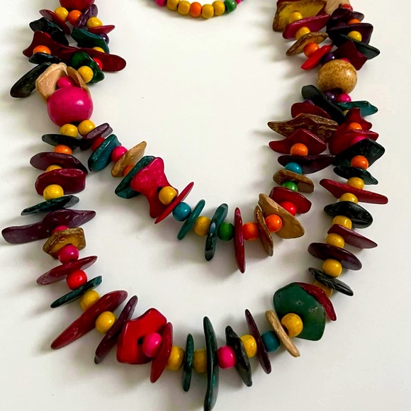 Jewelry - Gorgeous Necklace, Native Islands Vibe, Colorful Dyed Wood Beads, NWOT, 2 Strand